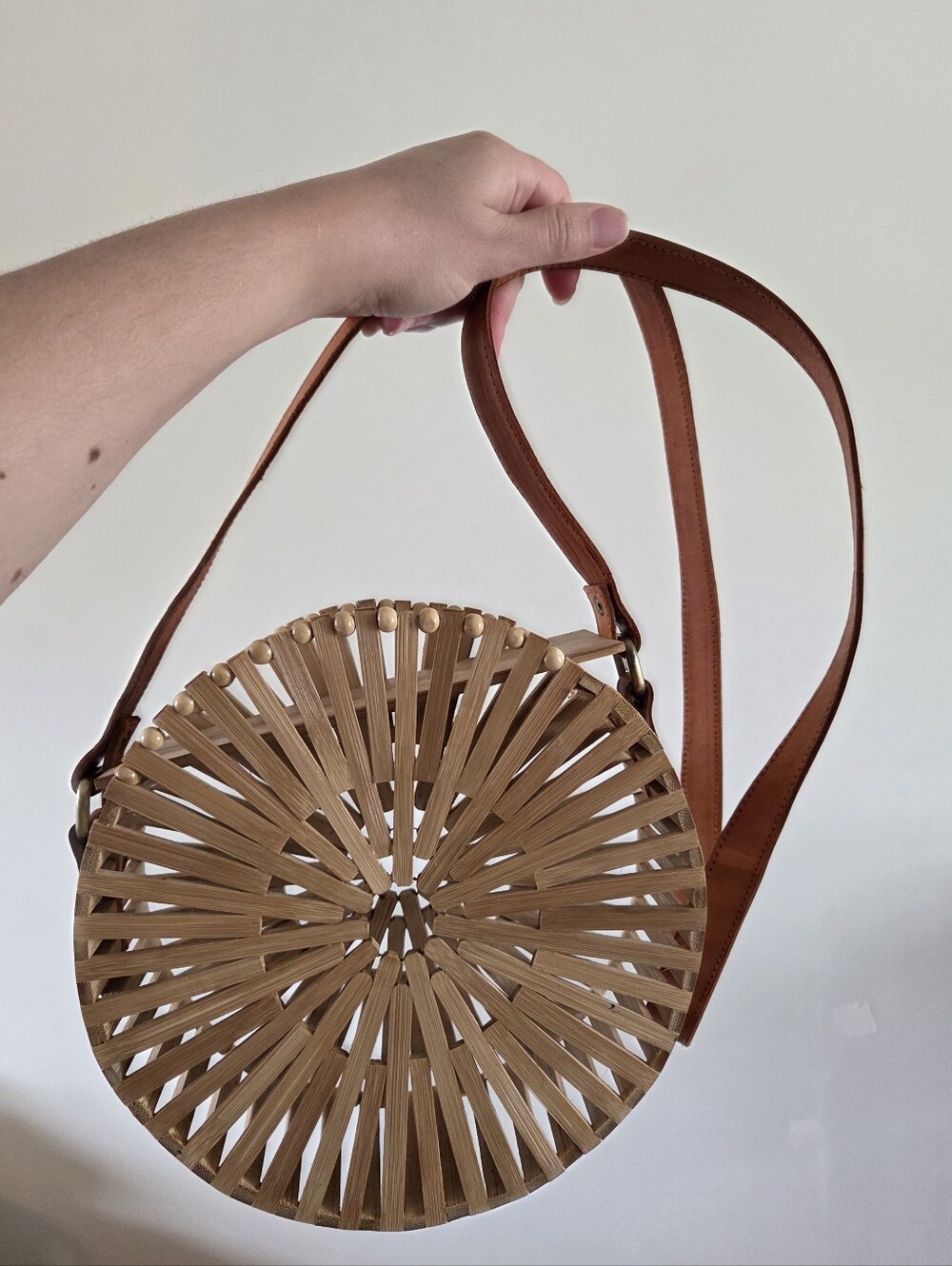 Boho Round Bamboo Cage Crossbody Bag Leather Strap Circle Purse